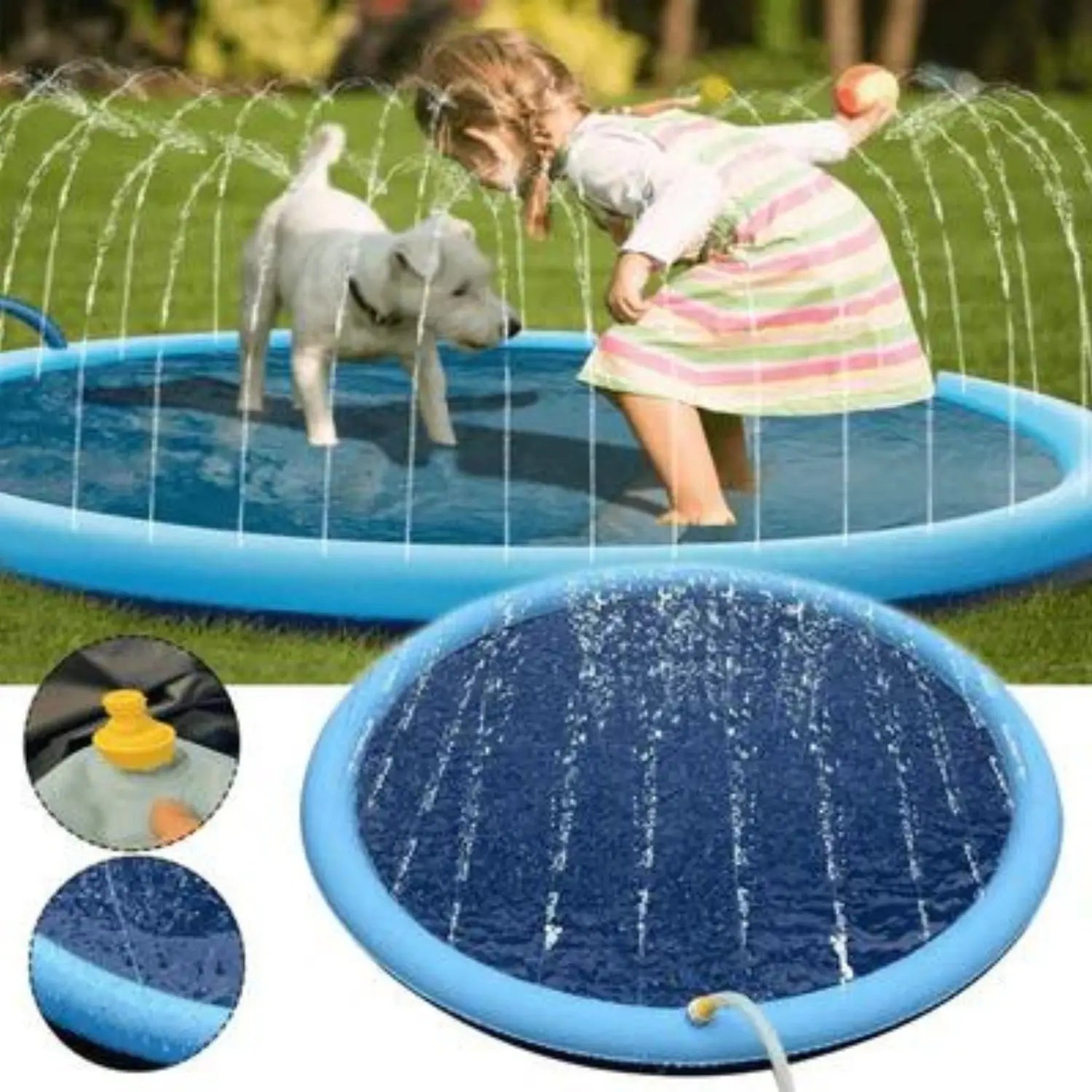 Meisje speelt met hond op water spray mat